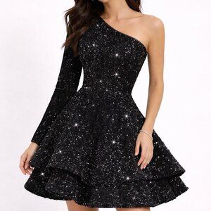 Black Sequin One-Shoulder Party Dress | RSOETOO Sparkly Holiday Formal (NWOT)